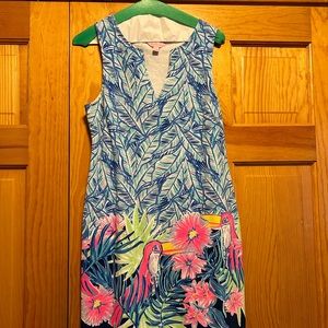 Lilly  Pulitzer dress. Bright floral with bird pattern. In good condition